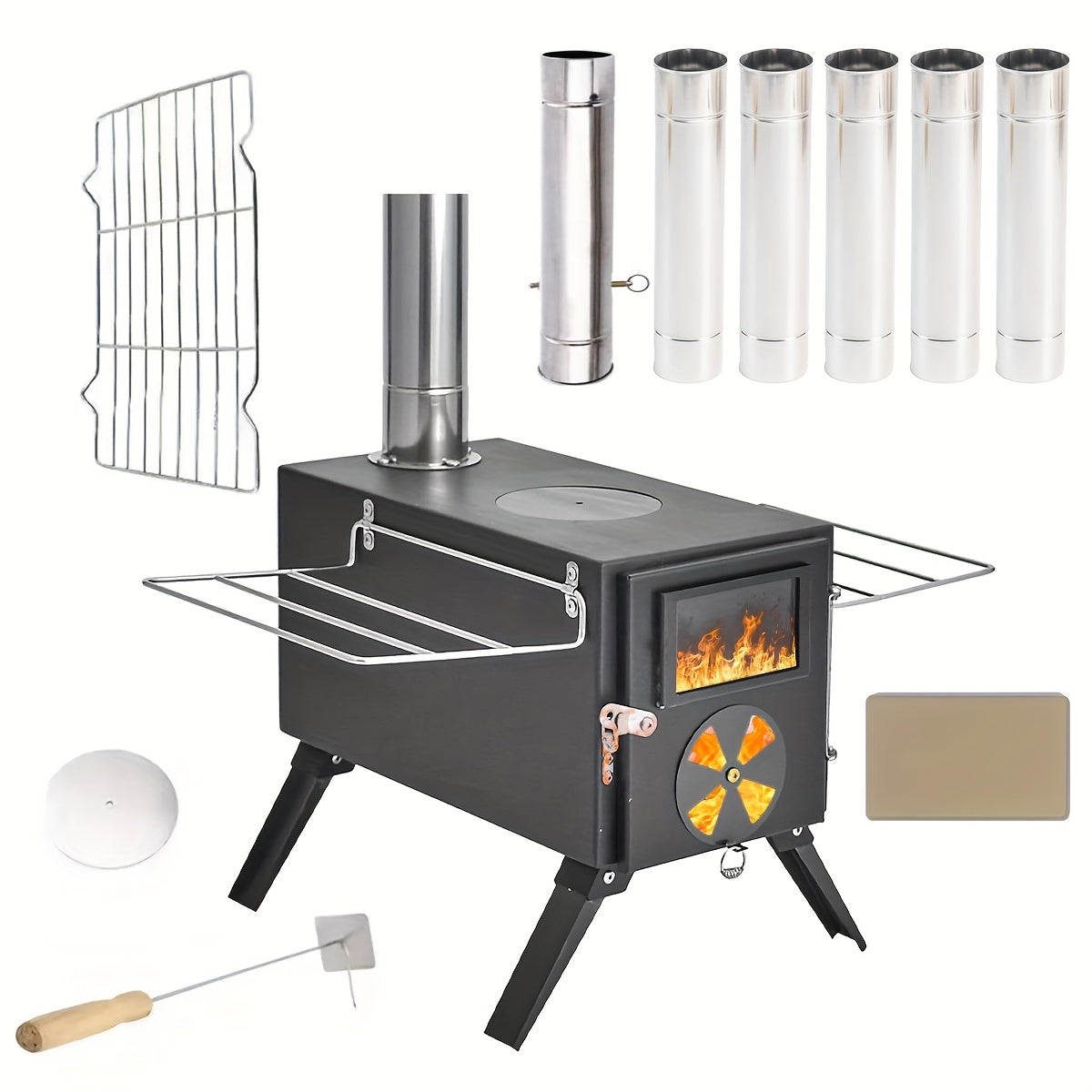 Tragbarer, zusammenklappbarer Holzofen mit Kaminrohren