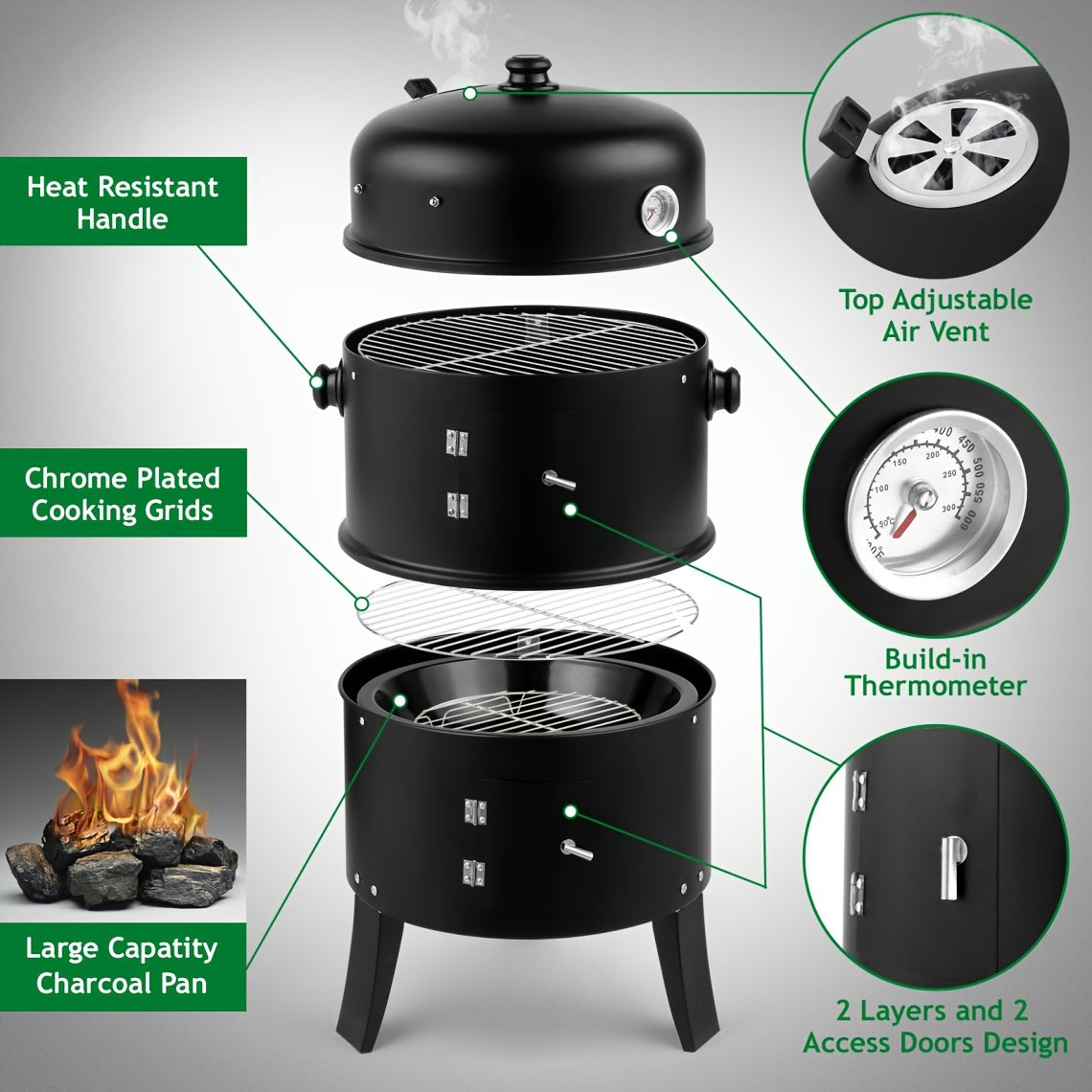 3-in-1-Holzkohle-Räuchergrill Outdoor BBQ